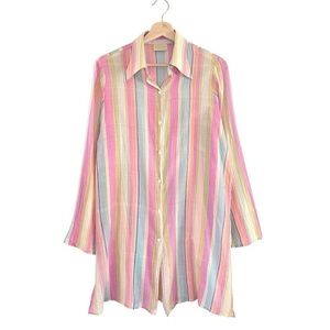 Fisico Long Sleeve Tunic Shirt Cotton Gauze Colorful Stripe Button Up Large